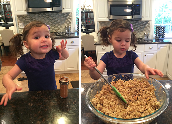 So instead, Madelyn helped pour [lots of] cinnamon and stirred the combo. She did a great job and loved helping!
